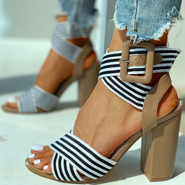 Women Sandals Block High Heels Striped Open Toe Ladies Pumps Buckle Strap Shoes