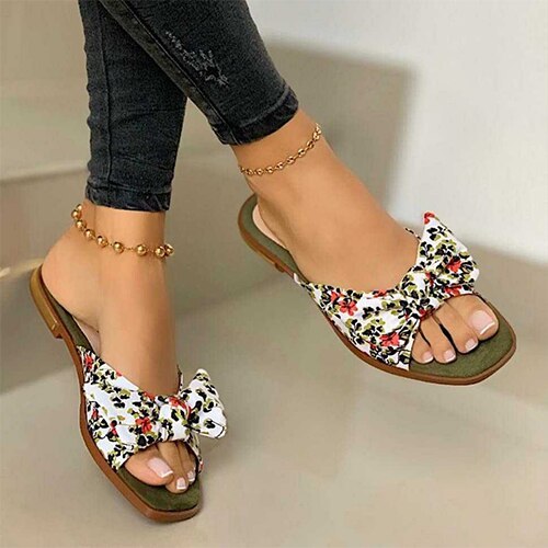 Women Slippers  Bowknot Floral Flats Slides Female Fashion Shoes