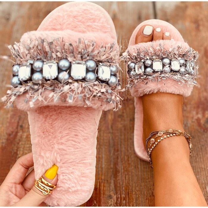 Fur Sliders For Women Furry Slippers Pearl  Woman Crystal Fur Shoes