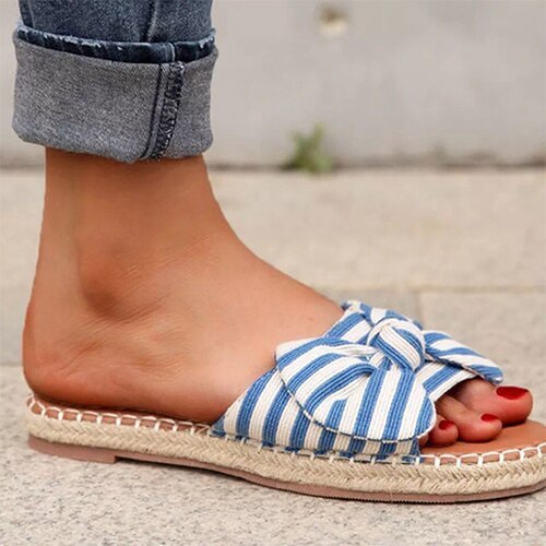Women's slippers Open Toe Slides Ladies Stripe Bow Flat Shoes