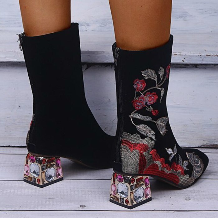Winter Mid-calf Women Boots Floral Mid Square Heel Shoes