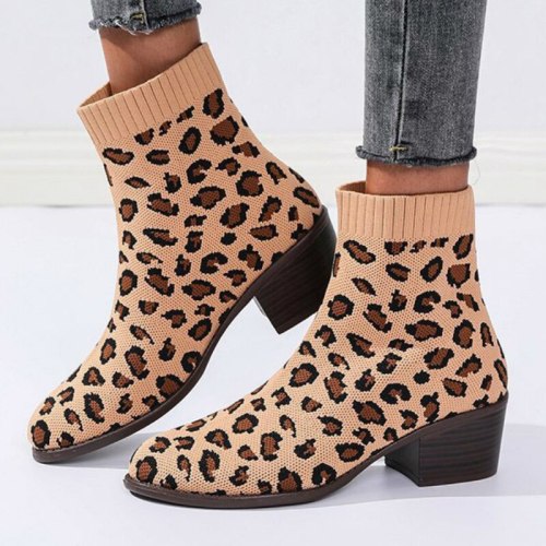 Women Ankle  Leopard Print Pointed Square Low Heel   Fashion Trend Shoes