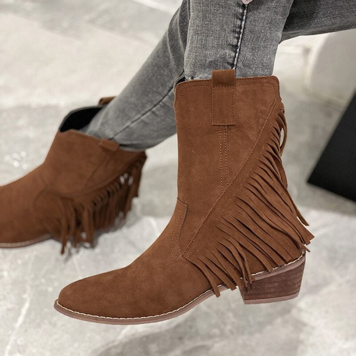 Fashion Tassel Boots Women Fringe Pointed Toe Low Chunky Shoes