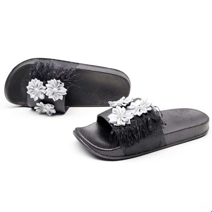 Summer Women Flower Slippers Flat Heel  Slides Ladies Shoes