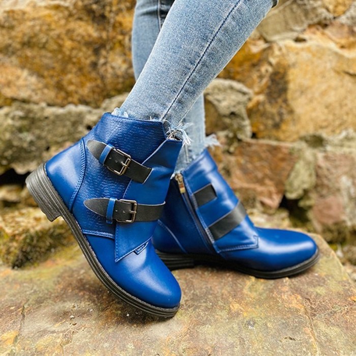 Women Fashion Ankle Boots Buckle Zip Platform Chunky Heel Pu Leather Casual Shoes