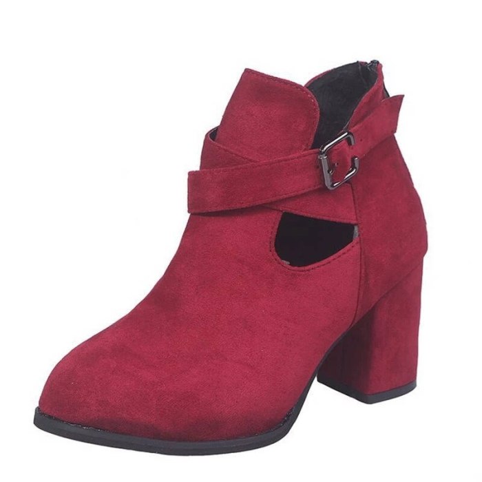 Women Ankle Boots Platform Mid Chunky Heel Round Toe Buckle Shoes