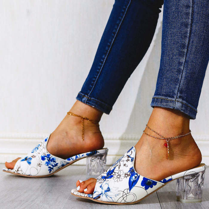 Flowers Printed Clear Heels  Lady Sandal Slippers Outside Women Shoes