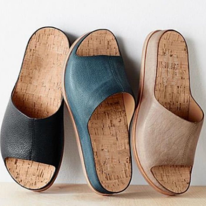 Women Slippers Pu Leather Platform Flat Heels Sewing  Sole Ladies Shoes