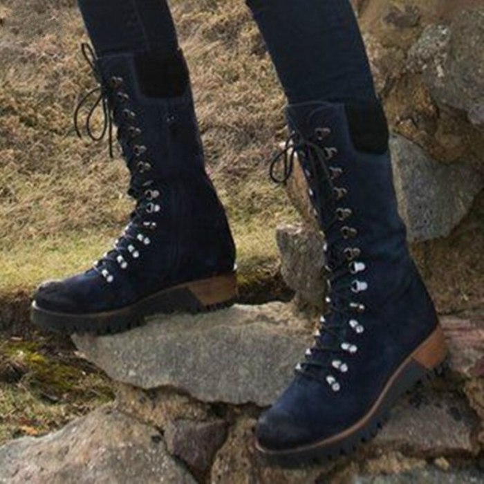 Winter Women Mid-calf Boots Platform Low Thick Heel Biker Shoes