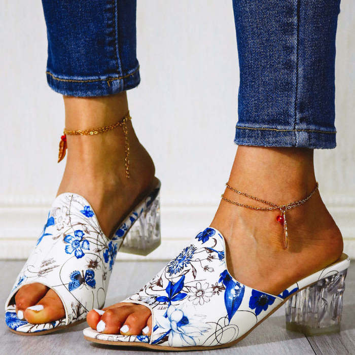 Flowers Printed Clear Heels  Lady Sandal Slippers Outside Women Shoes