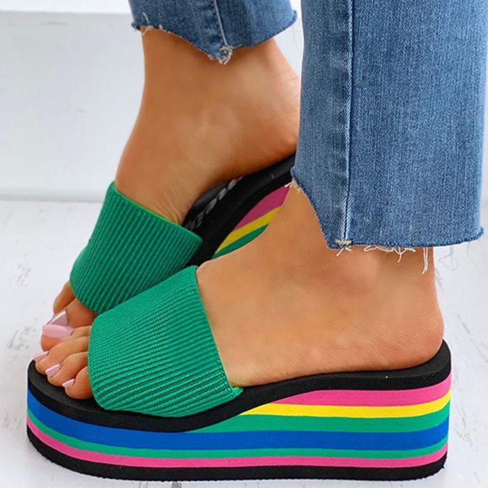 Knitting Rainbow Colorful Wedges High Heels Leisure Sandal Platform Shoes