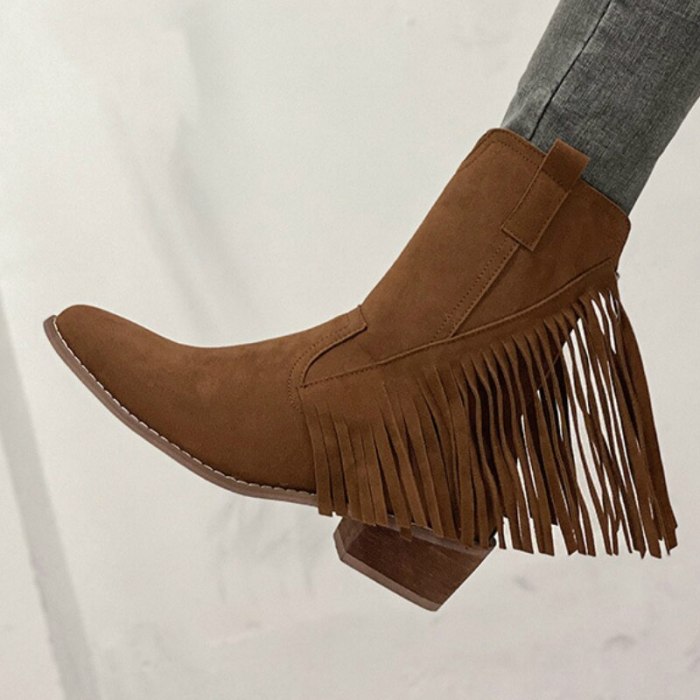 Fashion Tassel Boots Women Fringe Pointed Toe Low Chunky Shoes