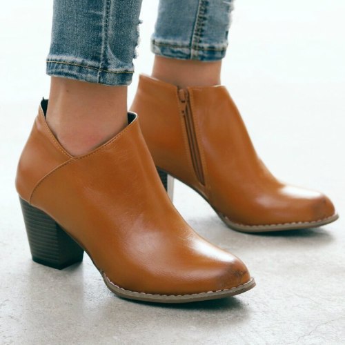Ankle Boots Women Pu Leather Mid Square Heels Point Toe Zipper Shoes