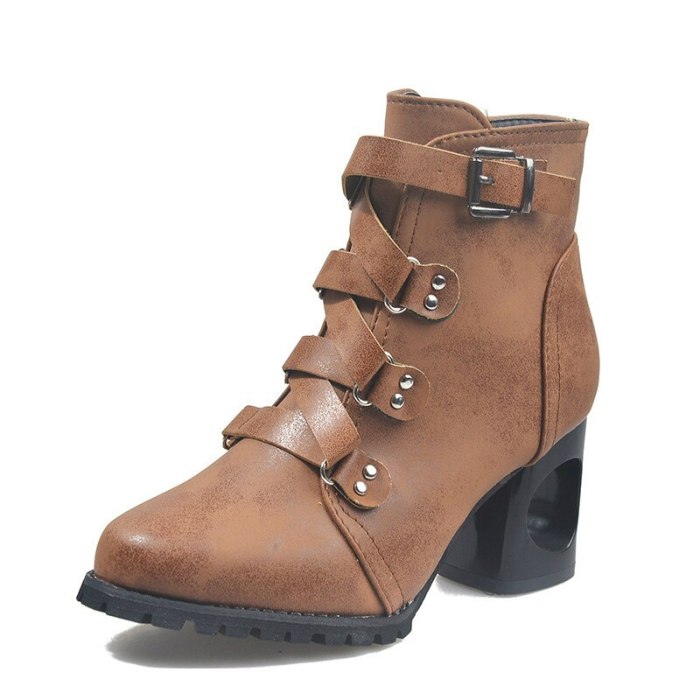 Winter  High Square Heel Buckle Strap Platform Rubber Sole Leather Fashion Shoes