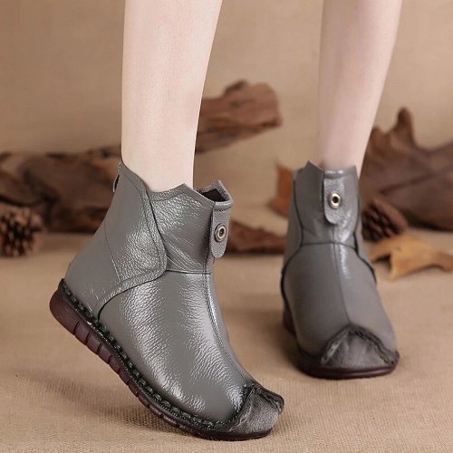 Women PU Leather Ankle Boots Flats Ladies Winter Shoes Female Fashion Sewing Retro