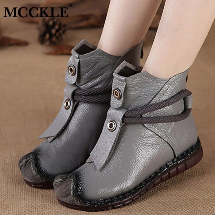 Women PU Leather Ankle Boots Flats Ladies Winter Shoes Female Fashion Sewing Retro