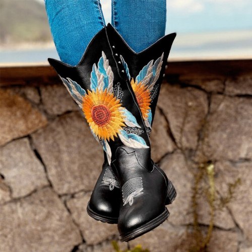 Woman Mild-Calf Boots Leather Boots Female Flat Platform Cowboy Boots