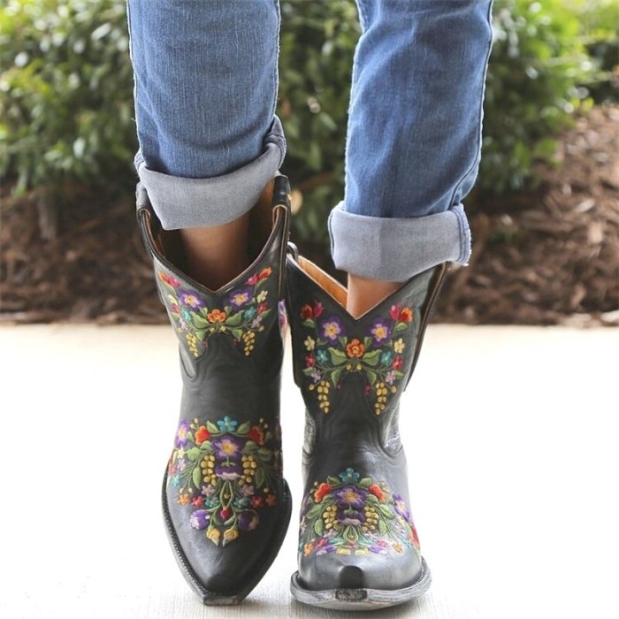 Cowboy Ankle Boots Mid-Calf Wedge Mid Heels Vintage Retro Casual Women Boots