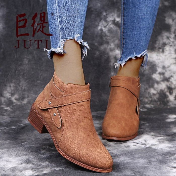 Retro Women Boots Ankle Chunky Heel Retro Casual Shoes Ladies Female
