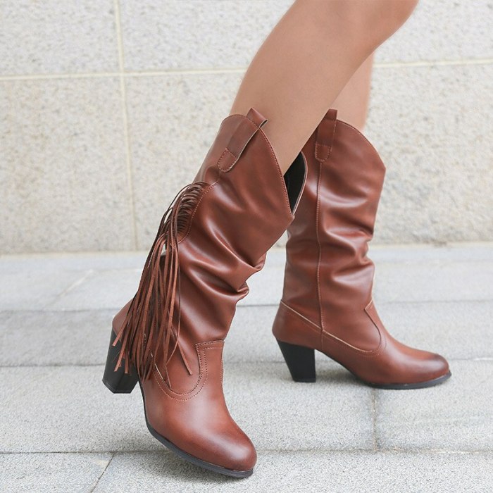 Women Mid Calf Boots Ladies Mid Heels Female Design Leather Shoes