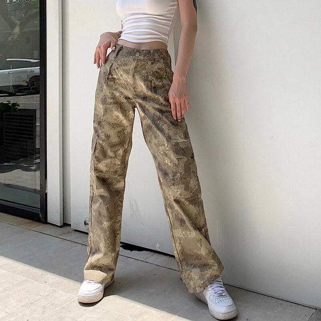 Pocket High Waist Pants Streetwear Women Trousers