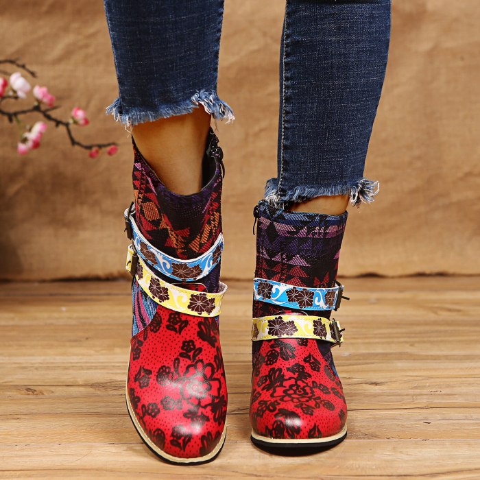 Ankle Boots Retro Heel Patchwork Buckle Female Shoes