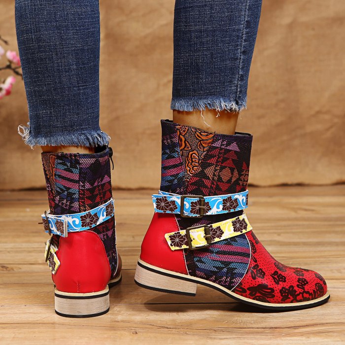 Ankle Boots Retro Heel Patchwork Buckle Female Shoes