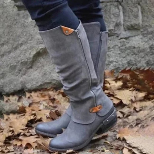 Women Vintage Square Heel Zipper Knee High Buckle Boot Warm Shoes