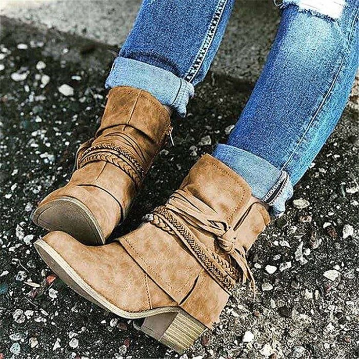 Retro Ladies Martin Boots Mid Heel Patchwork Short Boots Zipper Ankle Boots