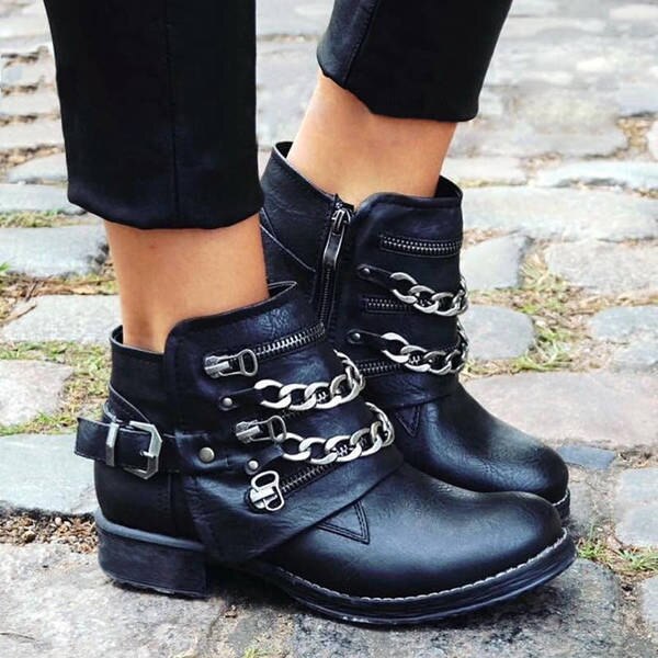 Women Ankle Boots Low Heels PU Leather Gladiator Buckle Matin Shoes