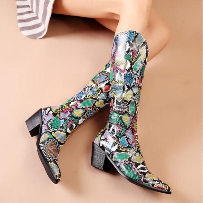 Women Chunky Mid Heels Knee High Boots PU Leather Plus Size Shoes