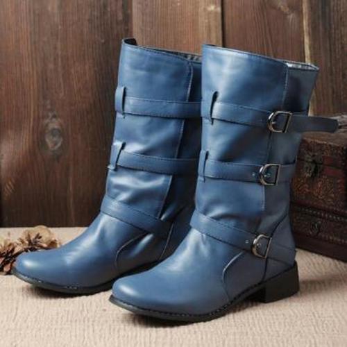 Women Mid-Calf Boots PU Leather Autumn Matin Buckle Shoes