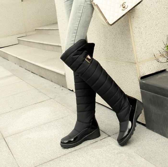 Women Knee High Boots Mid Heels Shoes Warm Winter Fur