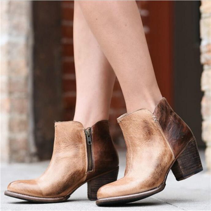 Women Ankle Boots High Heels Vintage PU Leather Plus Size Shoes