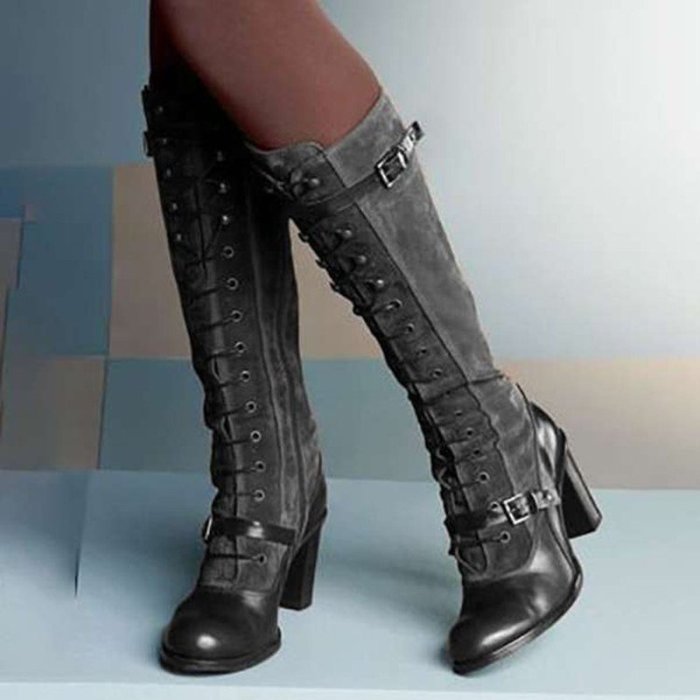 Women Knee High Boots High Heels Shoes Vintage PU Leather