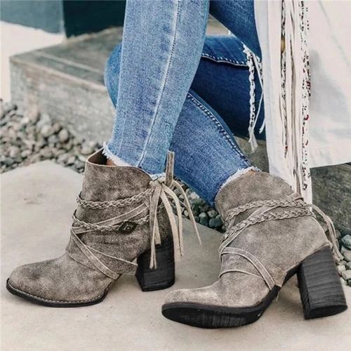 Women Ankle Boots High Heels Pumps Shoes Short Warm Vintage PU
