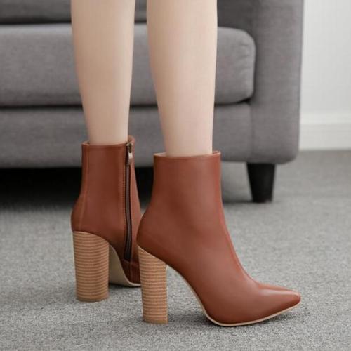 Women Ankle Boots High Heels Warm Vintage Pointed Toe Shoes