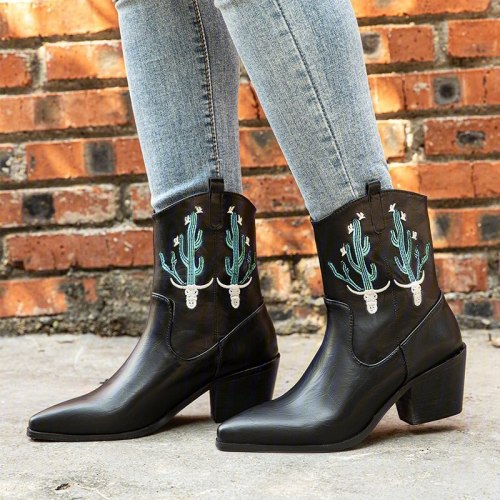 Women Mid-Calf Boots High Heels Shoes Plus Size Embroidery Booties