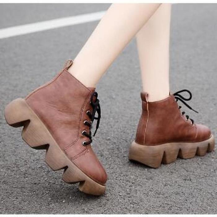 Women Mid Heels Plus Size Ankle Boots Vintage PU Leather