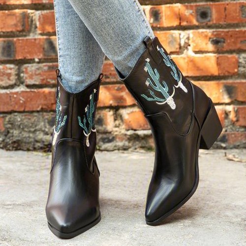 Women Mid-Calf Boots High Heels Shoes Plus Size Embroidery Booties