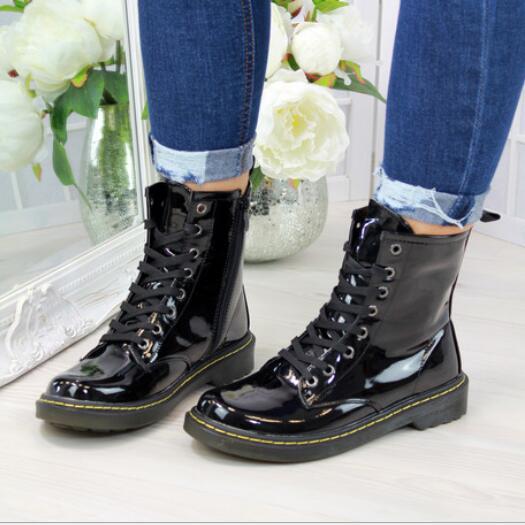 Women Ankle Boots Leather Lace Up Matin Flats Shoes