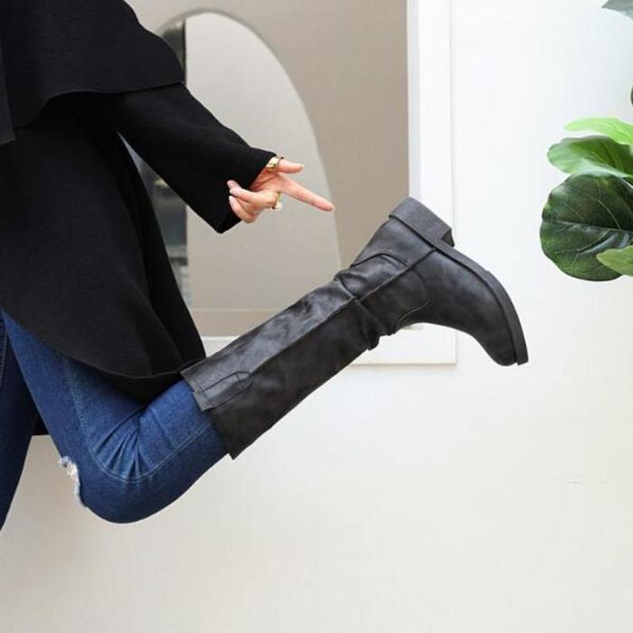 Women Knee High Boots Heels Shoes Plus Size Vintage PU Leather