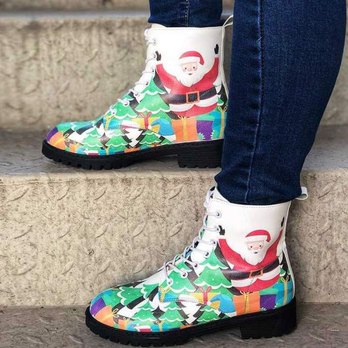 Women Ankle Boots Flat Christmas Low Shoes Vintage PU Leather