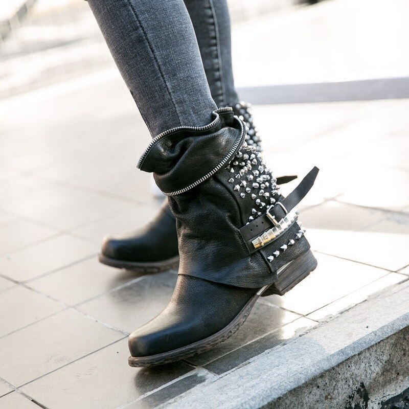 Women Mid-Calf Boots Vintage PU Leather Mid Heels Matin Shoes