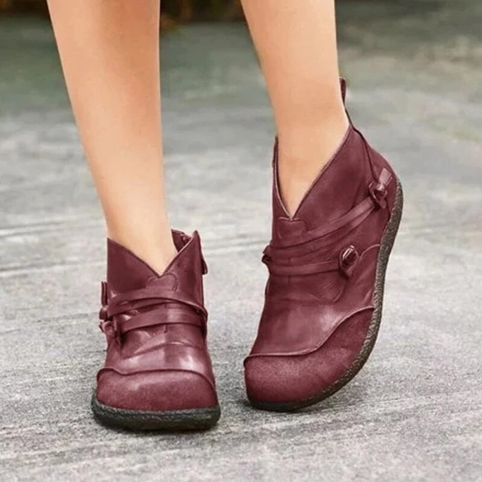 Women Vintage Ankle Boots Ladies Fashion PU Leather Platform Casual