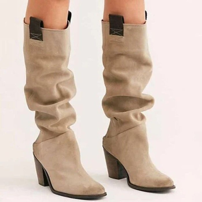 Women Knee High Boots High Heel Shoes Vintage PU Leather