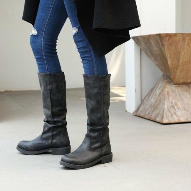 Women Knee High Boots Heels Shoes Plus Size Vintage PU Leather