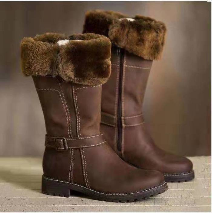 Women Knee High Boots Low Heels Shoes Vintage PU Leather Winter Snow Warm Shoe