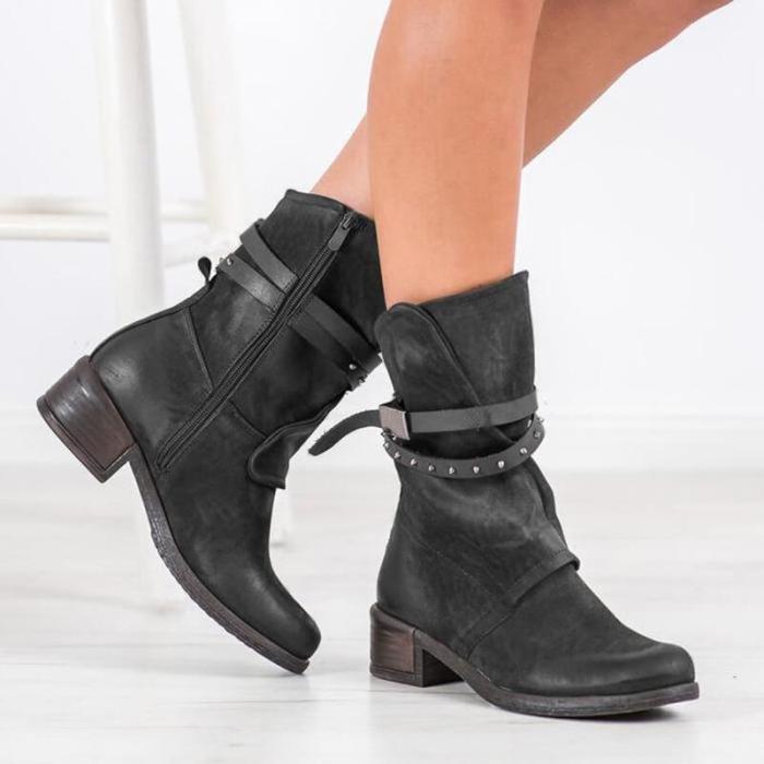 Women Mid-Calf Boots Low Heels Shoes vintage PU Leather