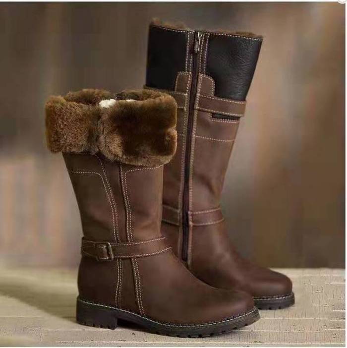 Women Knee High Boots Low Heels Shoes Vintage PU Leather Winter Snow Warm Shoe